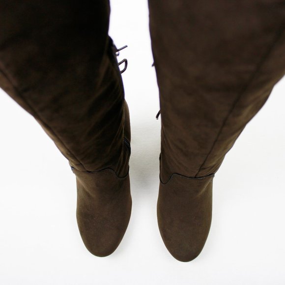 ShoeDazzle Brown Faux Suede Thigh-high Lace-up Boots - Picture 9 of 16